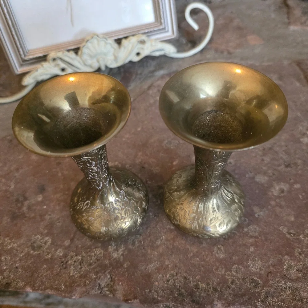 Vintage Brass Bud Vases Set of 2 Hand Etched Floral Made in India Gold Boho MCM